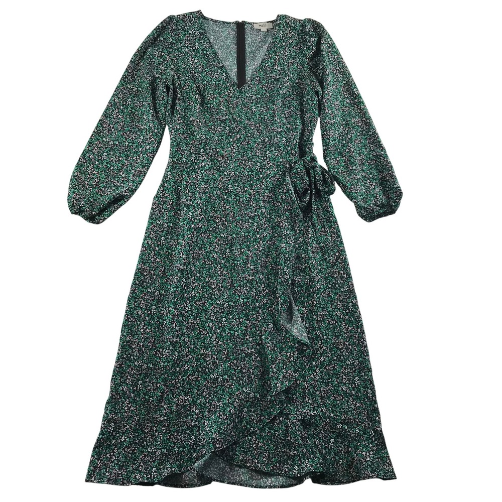 Loft Outlet Green Floral Ditsy Faux Wrap Midi Dress Long Sleeve Ruffle Size 2